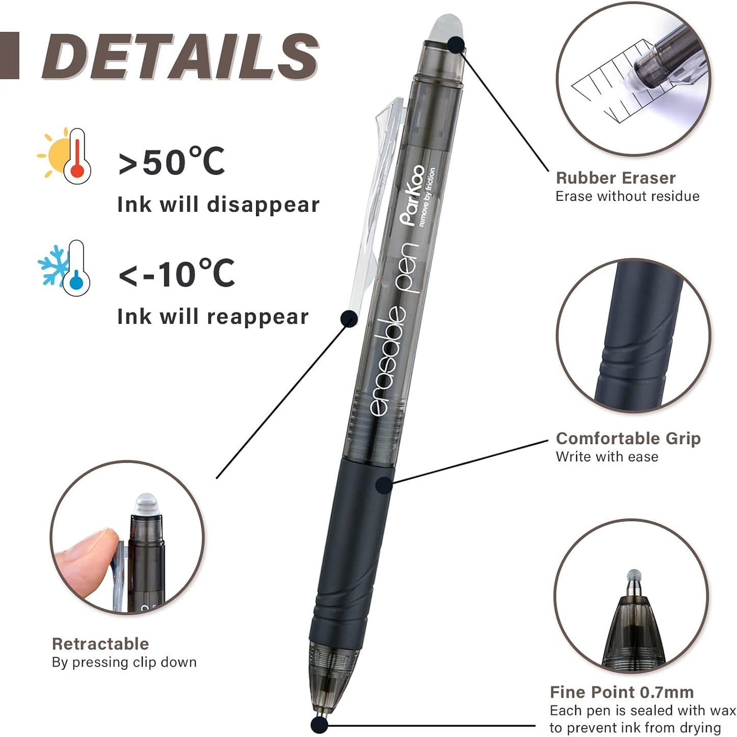 ParKoo Retractable Erasable Gel Pens Clicker Fine Point 0.7 mm, No Need for White Out, 4 Assorted Color Inks for Completing Sudoku and Crossword Puzzles, 12-pack