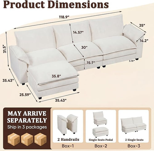 118.9" Modular Sectional Cloud Couch 3-Seat Sofa Set - Image 2
