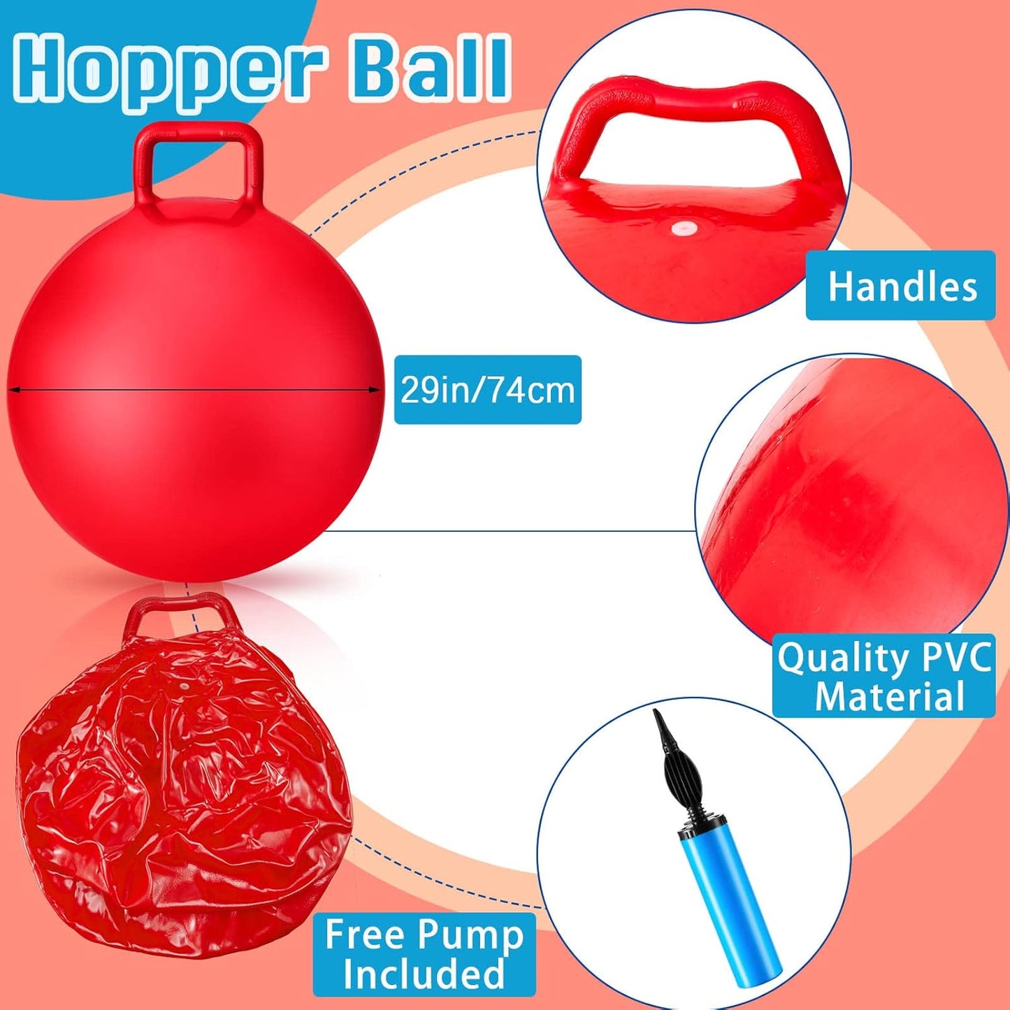 Lewtemi 3 Pcs 29 Inch Bouncing Ball with Handle, Outdoors Hopper Jumping Hopping Ball and Air Pump for Sports Exercise (Red, Blue, Green)