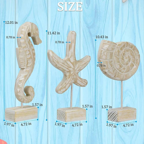 3pcs Wood Handmade Beach Nautical Style Figurines Starfish/Conch/Seahorse - Image 2