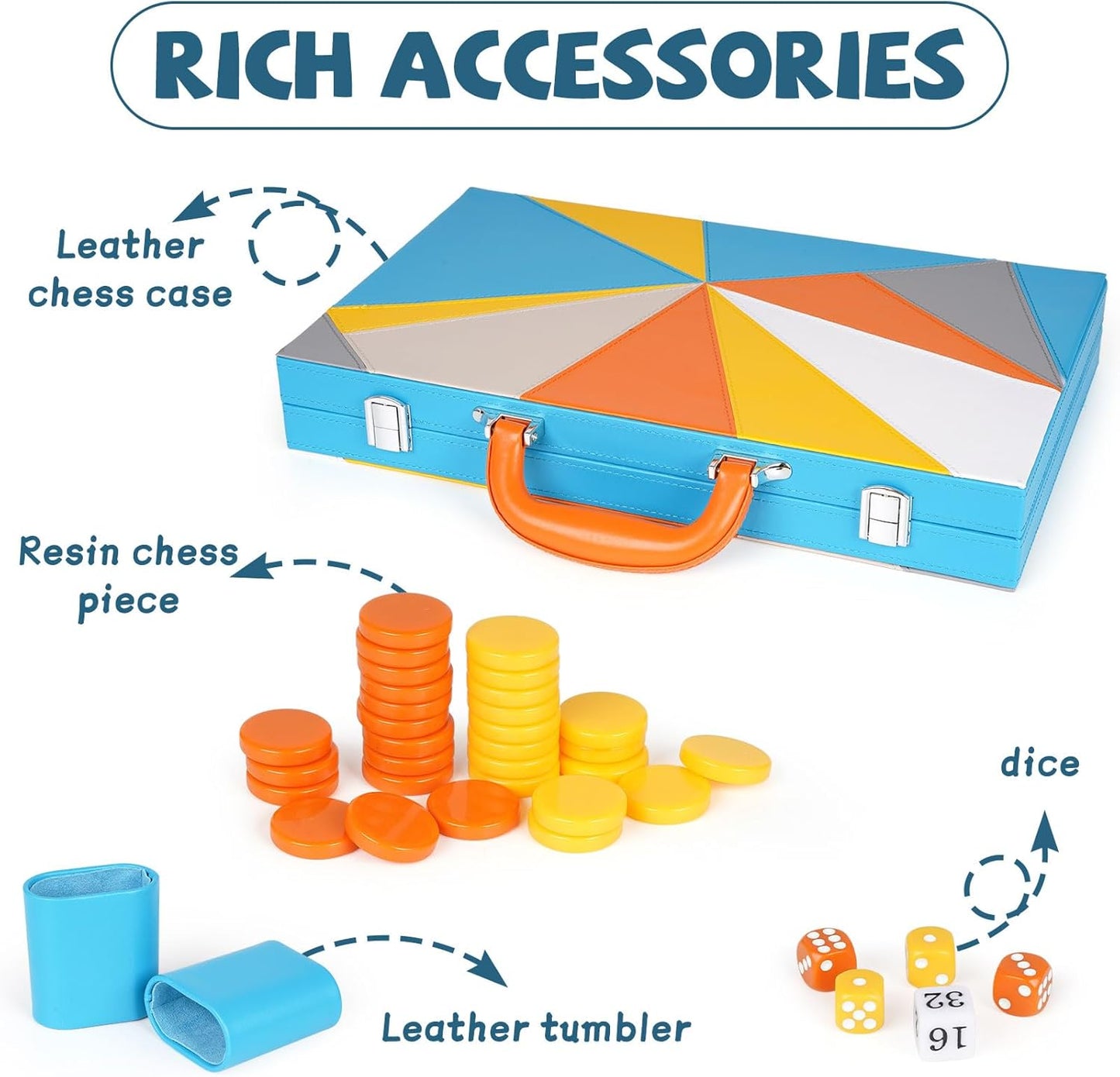 Backgammon Set, 15 Inches Classic Board Game with Leather Case, Geometric Leather Backgammon Game, Folding Portable Travel Strategy Backgammon Game Set for Adults