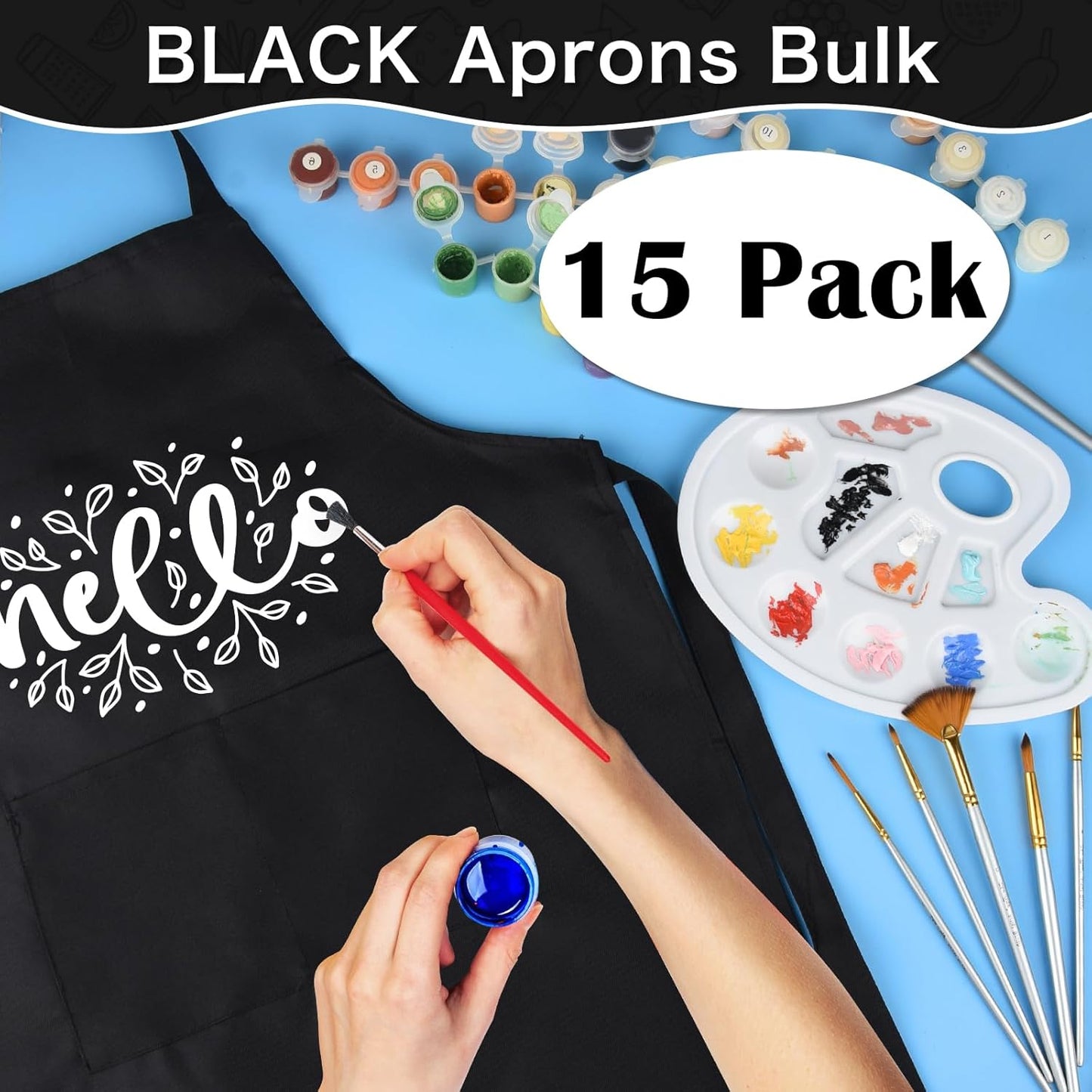 PLULON 10 Pcs Kids Apron Adjustable Kids Chef Apron Set with 2 Pocket for Painting Cooking Baking Grilling Crafting (Black)