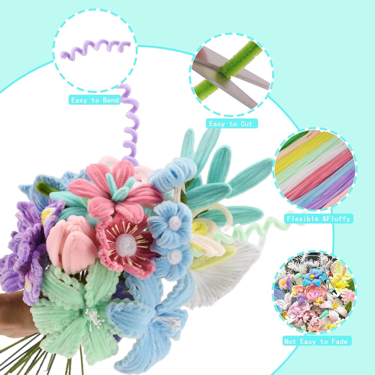 Pipe Cleaners Craft, 400pcs Pipe Cleaners with Flower Stems, Floral Tape, Ribbon, for Flower Bouquet DIY-Colorful