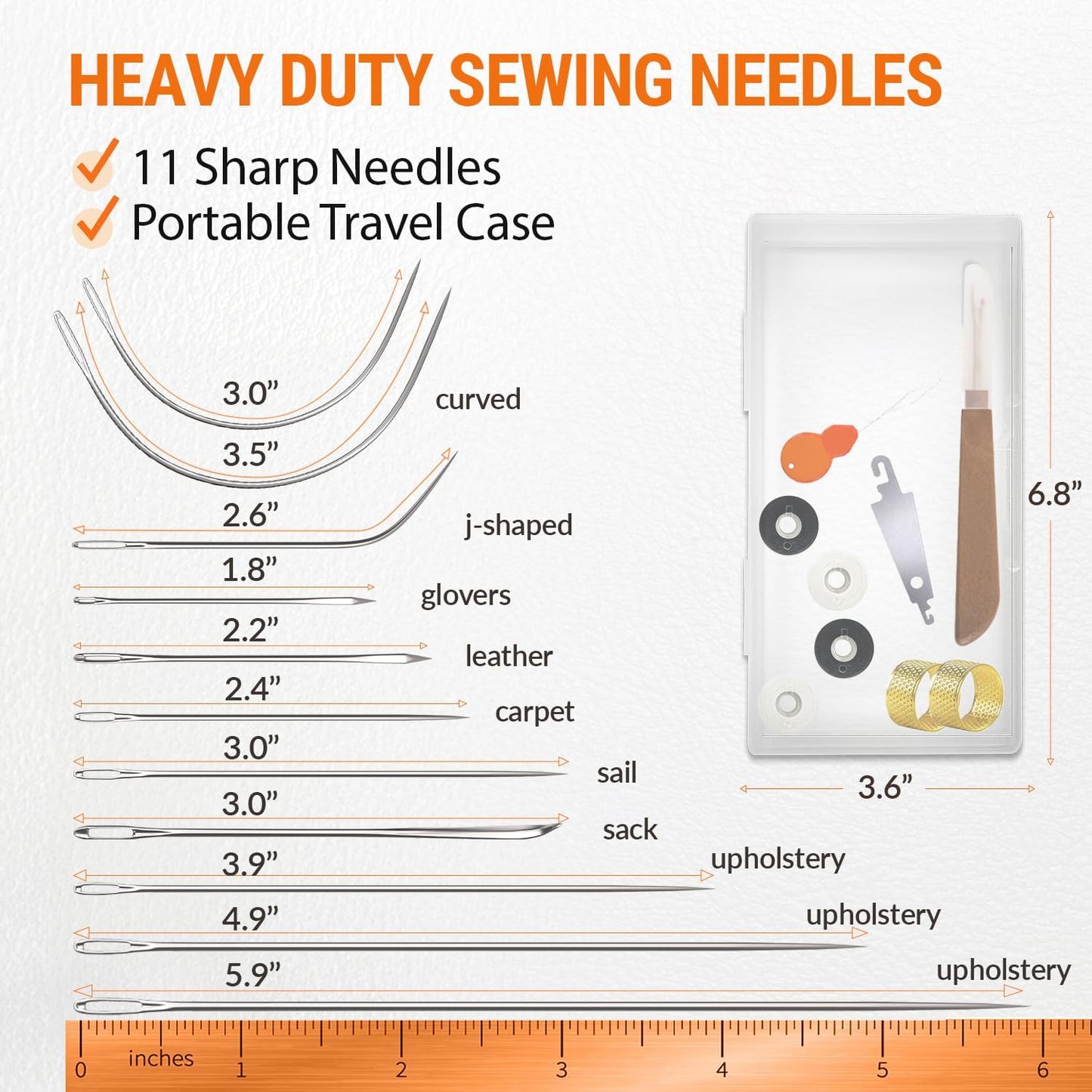 VONEEDL Heavy Duty Sewing Needles (11 PCS) & Waxed Thread (2 Black and 2 White Colors) - Upholstery Repair Kit for Leather, Canvas, Quilting & More