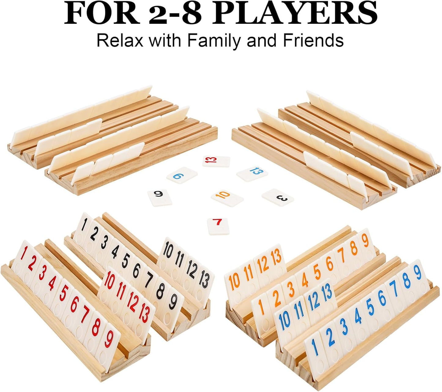 Upgraded 6-8 Players Rummy Cube Board Game Set with 8 Wooden Racks, 214 Tiles, Portable Case, Drawstring Bag and Dice, for Adults Friends Night Gifts Travel Party Sharpens Brain