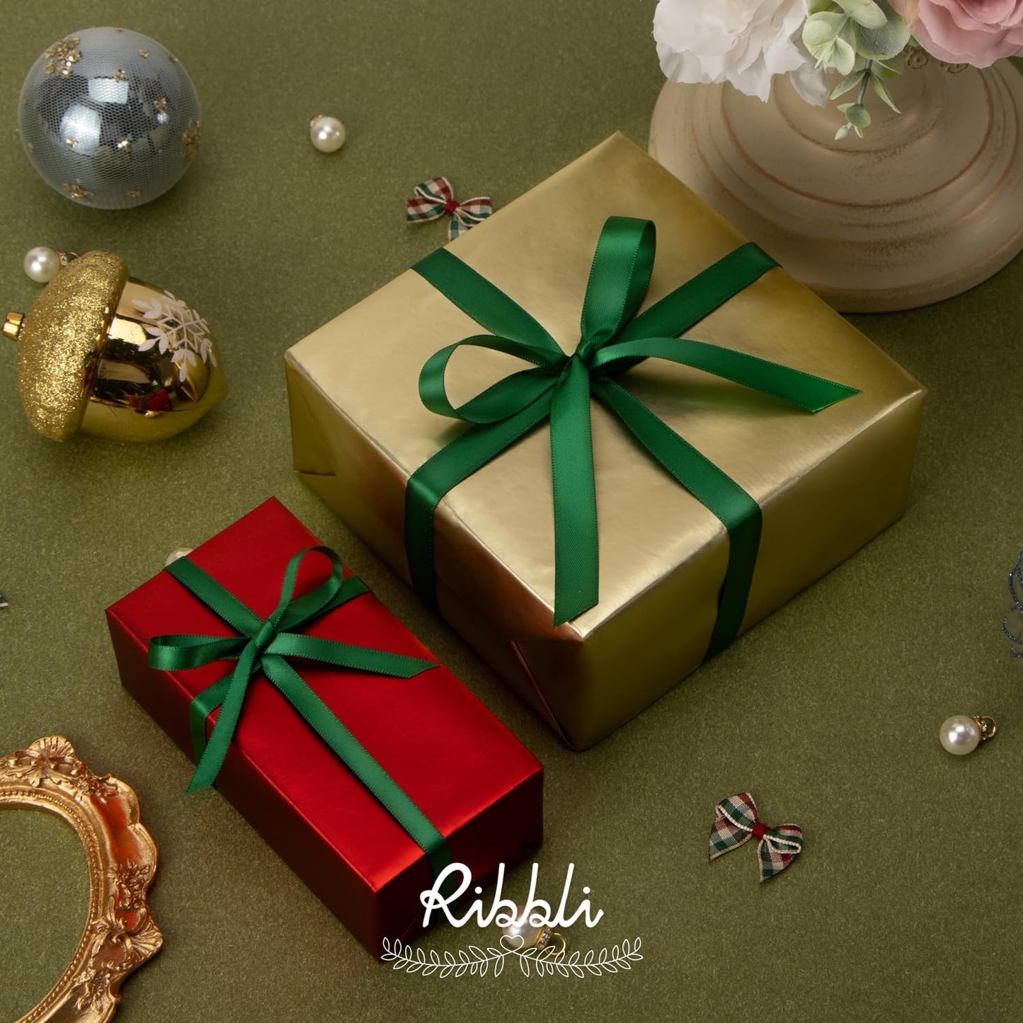 Ribbli Forest Green Satin Ribbon,Double Faced Satin 1/4 inch x Continuous 50 Yards,Forest Green Ribbon Use for Bows Bouquet,Gift Wrapping,Wedding Decoration,Floral Arrangement