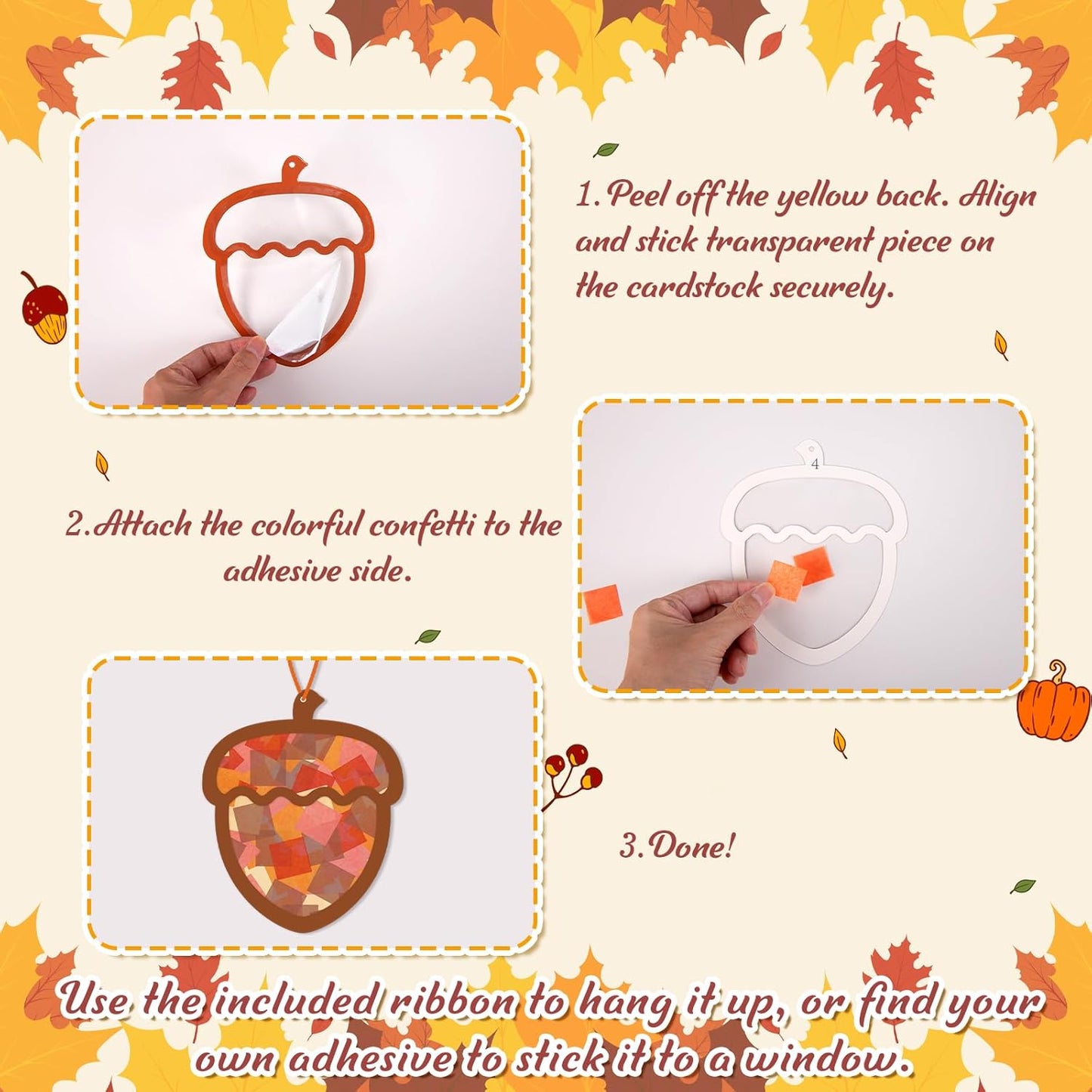 Renbuzhu 40PCS Fall Crafts Bulk: Acorn Paper Suncatchers DIY Kit for Autumn Thanksgiving Activities Decorations, Window Stained Glass Effect Art Supplies