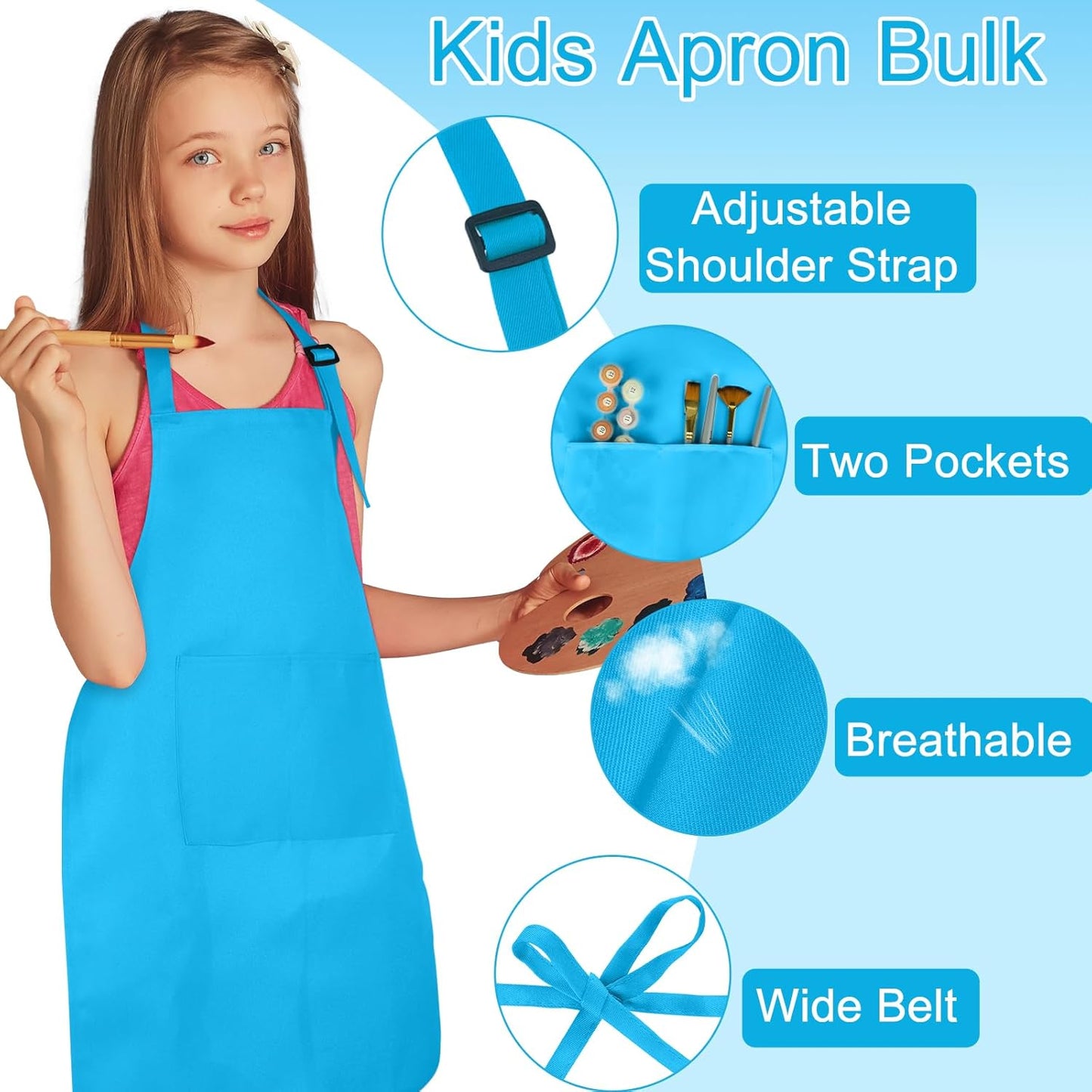 6 Pack Kids Apron Bulk with 2 Pockets Adjustable Chef Art Apron Kids Painting Aprons for Cooking Baking Painting Crafting Grilling Activity（Blue）