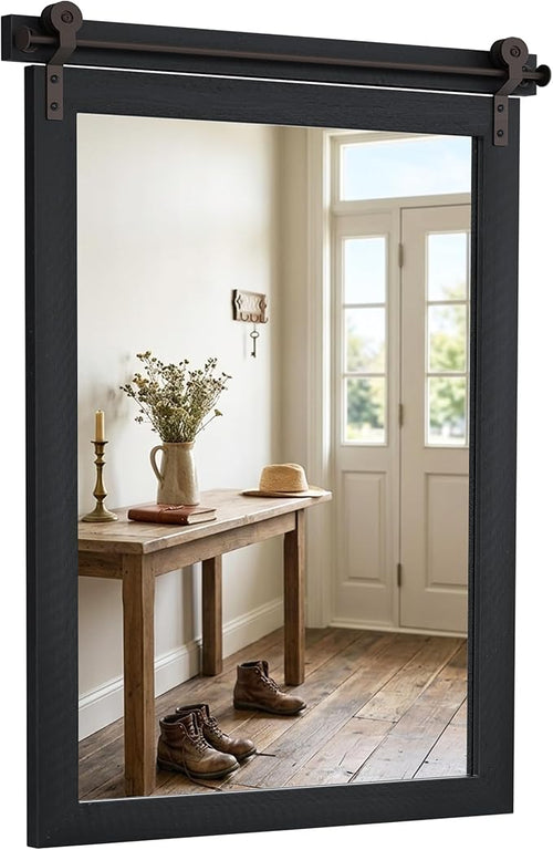 24"x36" Black Barn Door Wall Mirror, Solid Wood Framed Rustic Accent Mirror by FurniXpress