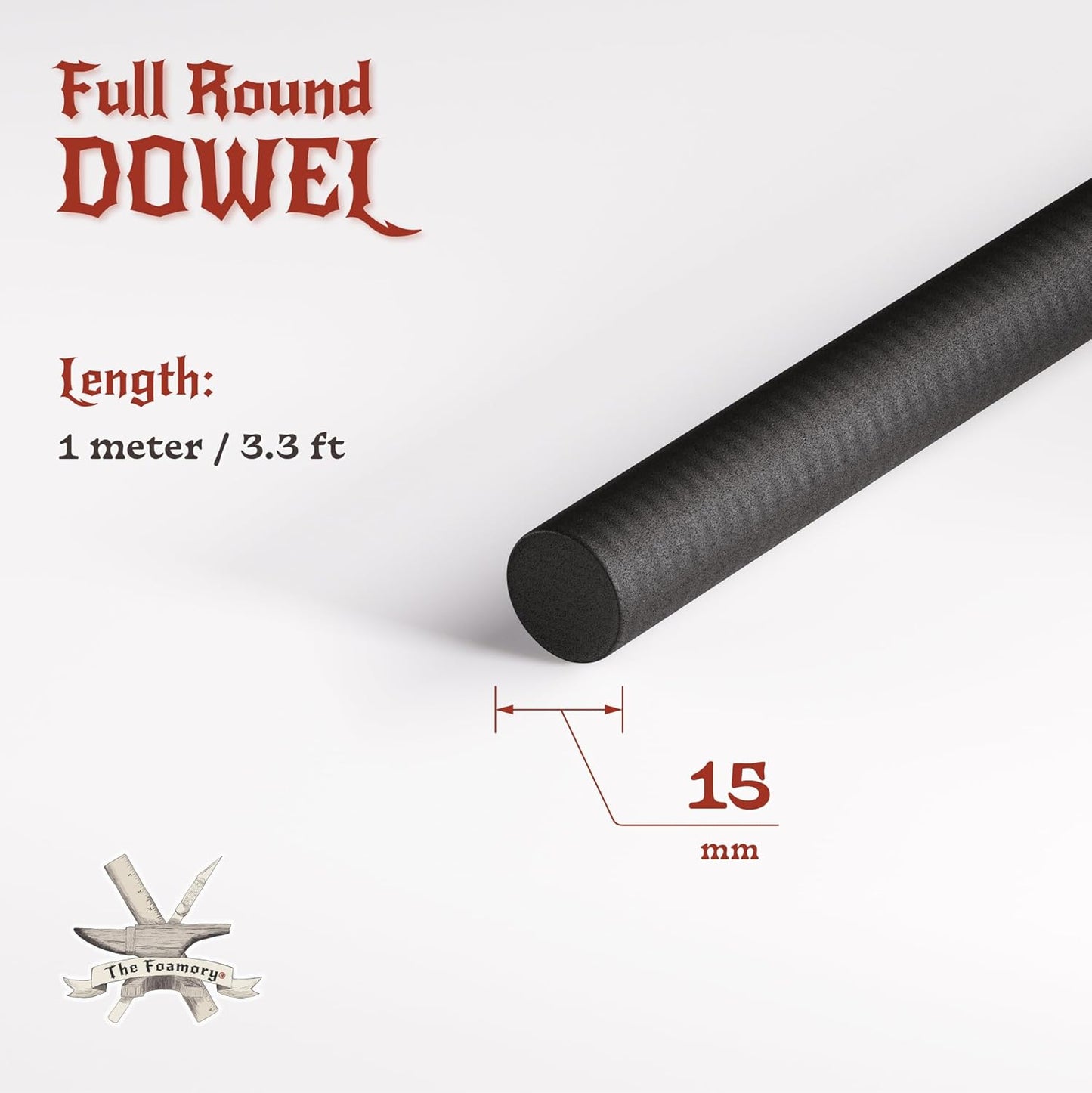 The Foamory's No Waste Full Round EVA Foam Dowels. 3 Pack 5-40mm x 1M High-Density Black Craft Foam Sticks. Pre-Cut, Paint-Ready Cosplay Trim. Time Saving, Bevel Enhances Armor, Weapons and Costumes