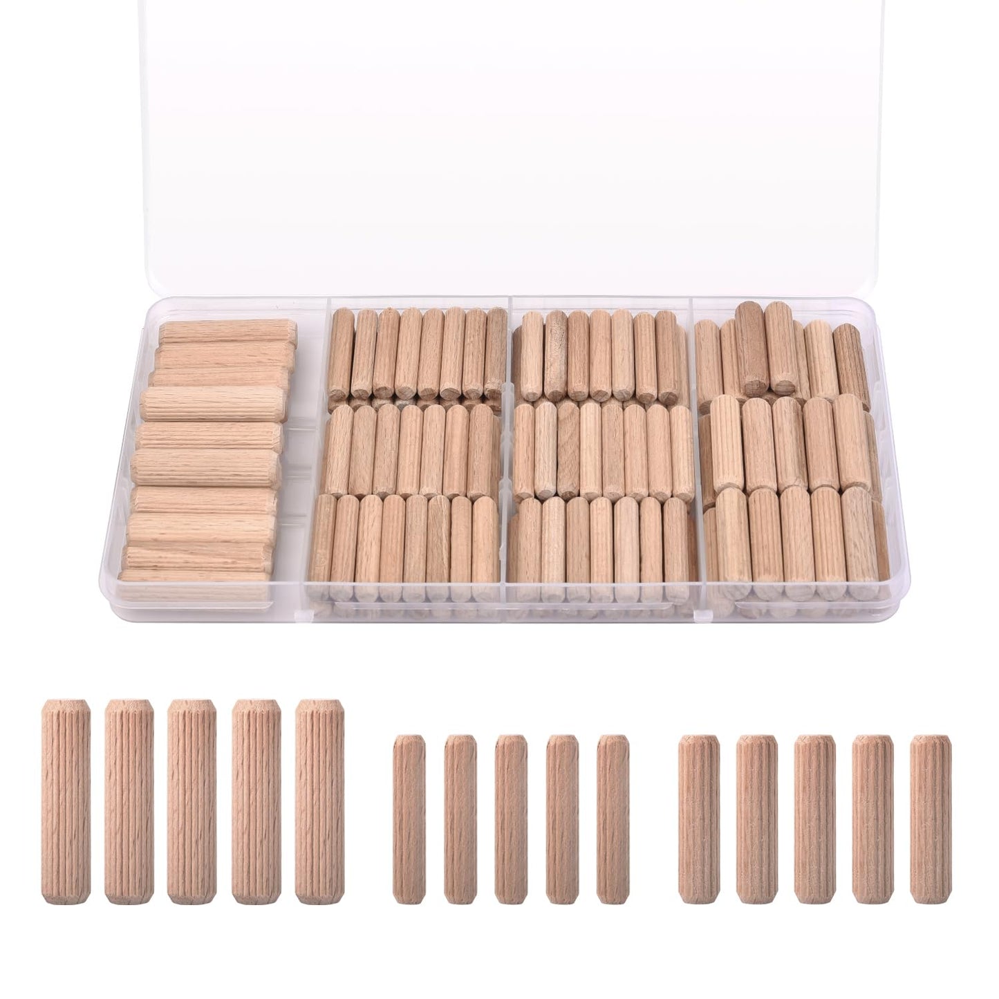 100 Pcs Wooden Dowel Pins - 1/4 inch, 5/16 inch,3/8 inch Fluted Wood Dowels Rods,Hardwood Crafts Dowel Pegs