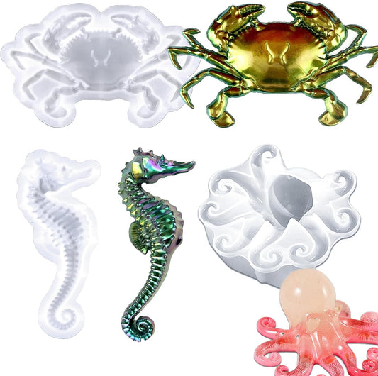 3 Pcs Marine Resin Molds Set Seahorse Octopus Crab 3D Animal Silicone Epoxy Molds for DIY Resin Concrete Desktop Aquariums Fish Tanks Ocean Animal Themed Home Decor Party Supplies Ideal Presen