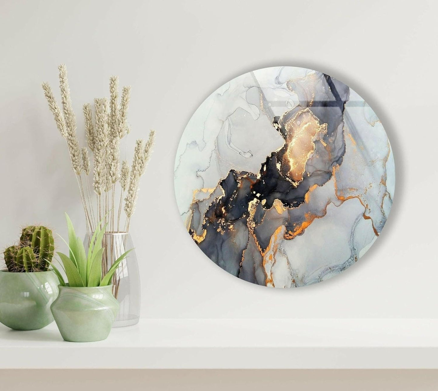 My Photostation.com 31.5''(80cm) Diameter Gold Details Gray Marble Round Glass Wall Art Tempered Glass Printing Wall Decor Large Wall Art Wall Hangings
