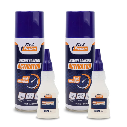FIX & FUSION Ca Super Glue (1.77 Oz) with Activator Spray (6.76 Fl Oz) Set, Fast Adhesive/Cyanoacrylate Glue & Instant Activator for Woodworking, Plastic, Rubber, Granite, DIY & Industrial, (2 Pack)