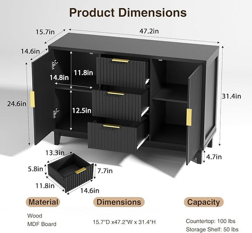 47.2" W Storage Cabinet with 3 Drawers, Fluted Buffet Cabinet with Storage - Image 2