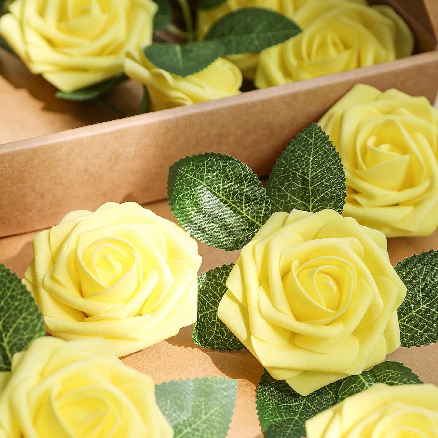 AmyHomie Artificial Flower Yellow Rose 25pcs Real Looking Fake Roses w/Stem for DIY Wedding Bouquets Centerpieces Arrangements Party Baby Shower Home Decorations