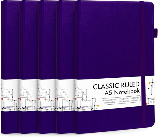 feela 5 Pack Journal Notebook Bulk for School, Hardcover Business Notebooks Classic Ruled Lined Journals with Pen Holder for Work Note Taking, with 5 Black Pens, 120 GSM, 5.1”x8.3”, A5, Purple