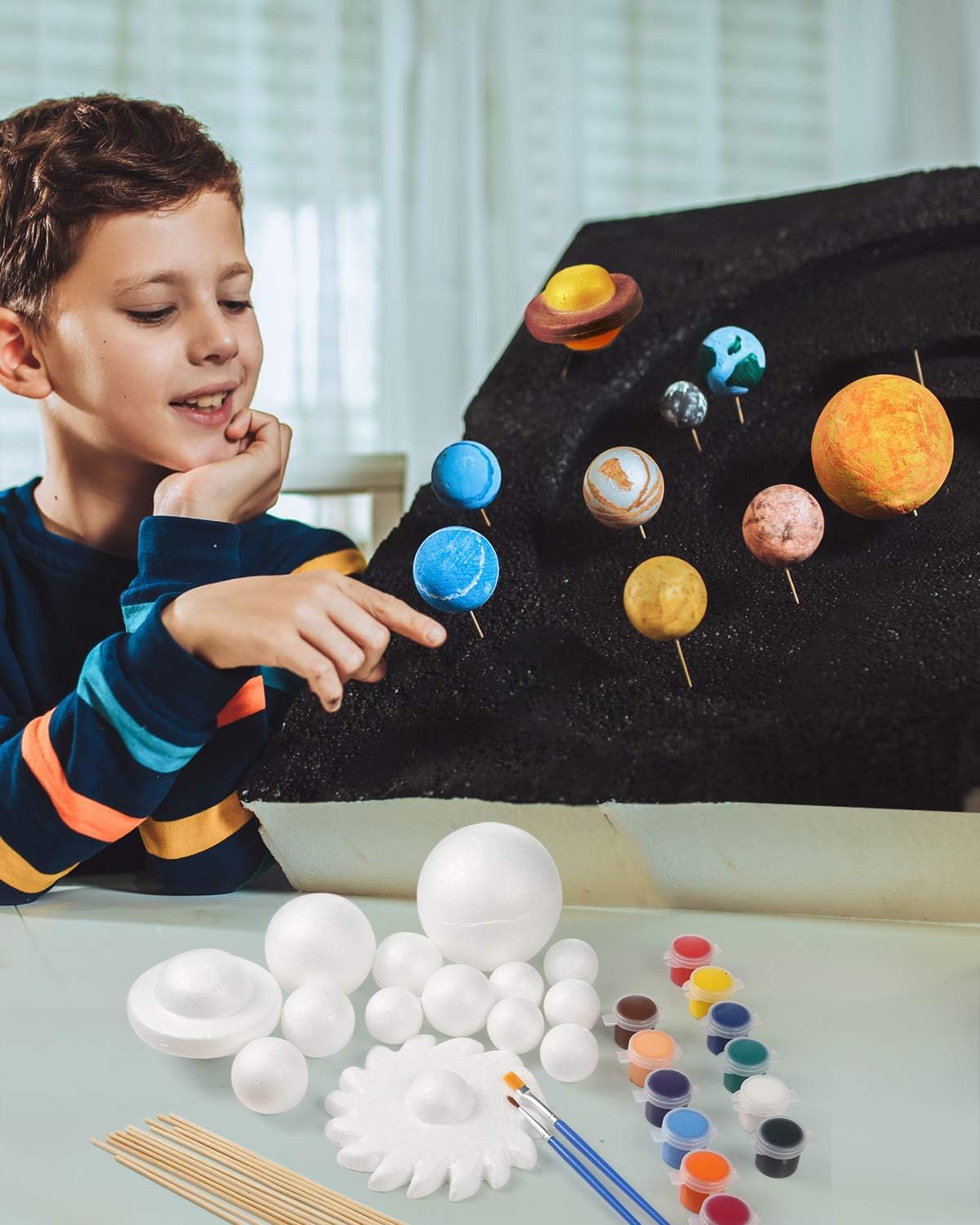 Pllieay Solar System Model Foam Ball Kit Includes 14PCS Mixed Sized Polystyrene Spheres Balls, 12PCS Bamboo Sticks, 12 Color Pigments, 2PCS Painting Brushes for School Science Projects