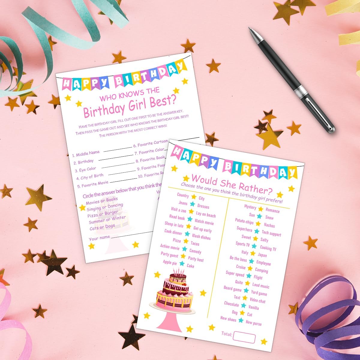 Birthday Party Games Set for Girls- 20 Birthday Double Sided Games Cards Set- Girls Birthday Party Activity Notebook Themed Party Activity and Idea - Girl Birthday Supplies, Activity, Decorations