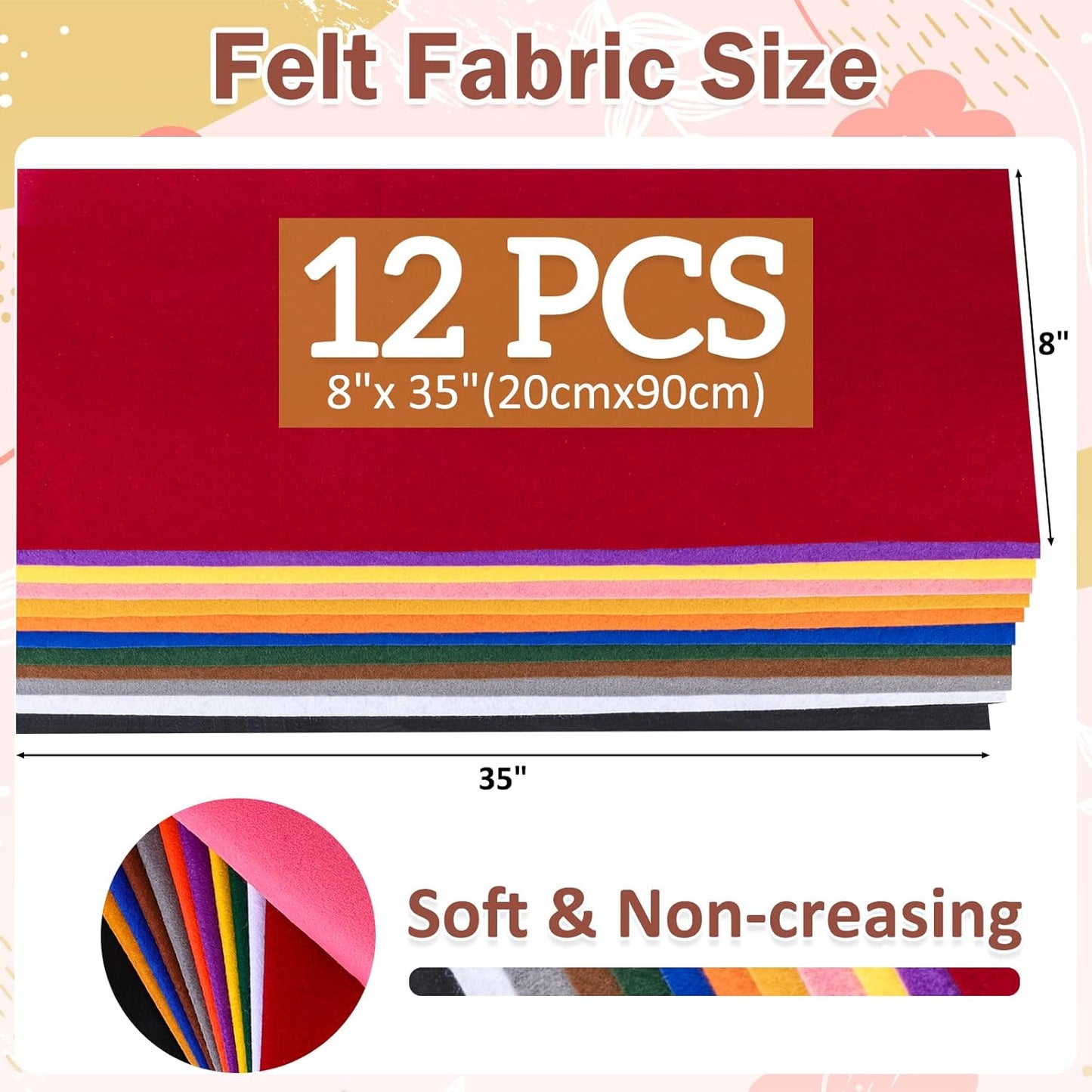 12 Rolls 8"x35"(20.5x90cm) 1.4mm Thick Soft Felt Fabric Sheet 12 Assorted Dark Rainbow Series Colors Felt Pack Pastel Felt Sheets for DIY Craft Sewing Squares Nonwoven Patchwork