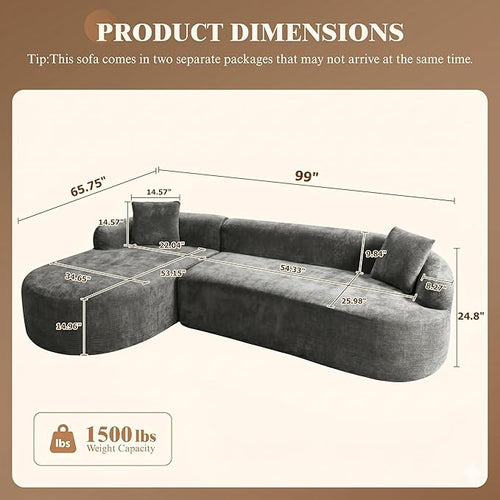99" Curved Sectional Sofa with Chaise, Modern Boneless Couch with Deep Seat - Image 2