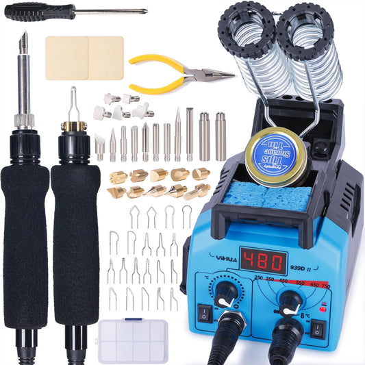 YIHUA 939D-II Pyrography Pen Wood Burning Kit Station 2-in-1 Solid-Point 200~480°C (with Temp Display)/Wire-Nib 250~750°C with 20 Nibs, Solid Points, 1 Stable Pen Holder, 2 Scrap Wood (Blue)