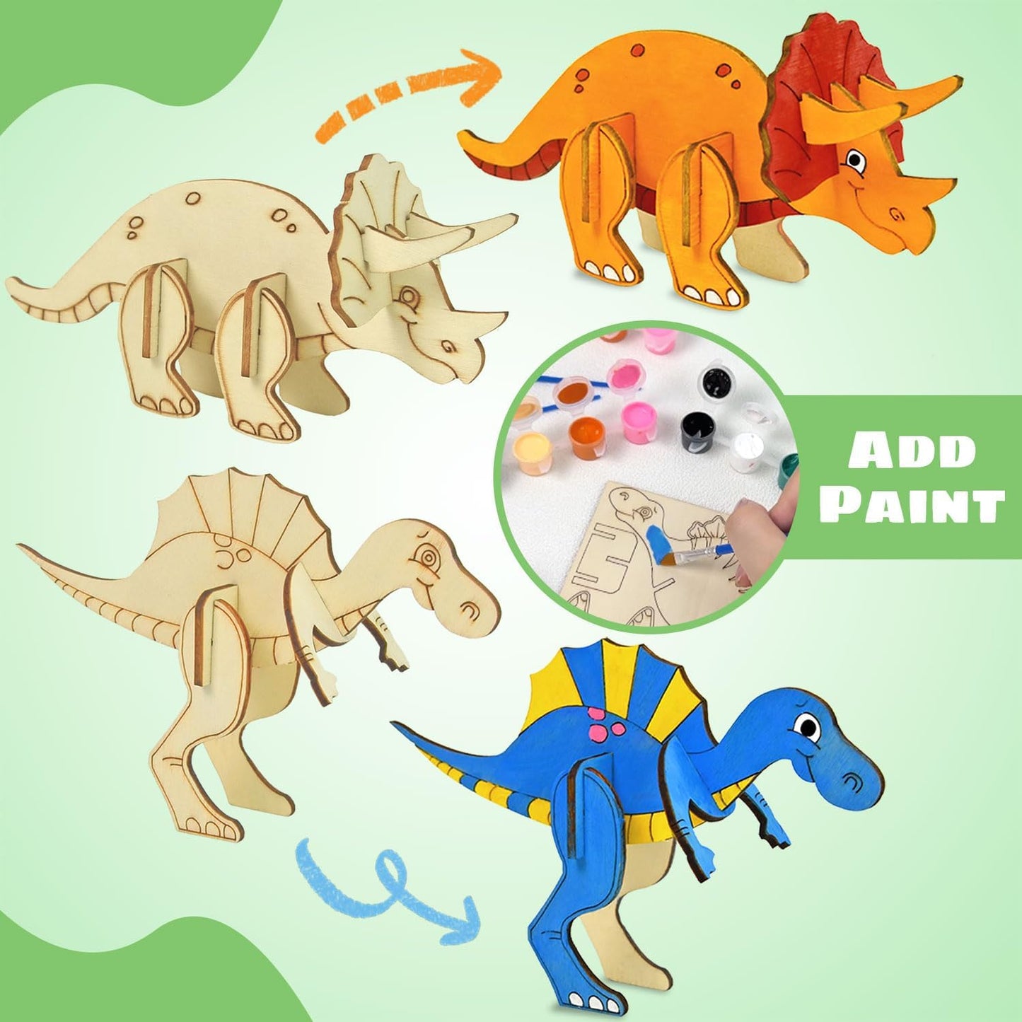 Vileafy Wooden Dinosaur Crafts for Kids Ages 4-8, 3D DIY Painting Kit with 6 Dinosaurs, Brushes & Paint -Arts and Crafts - Preschool Activity and Gift for Boys and Girls