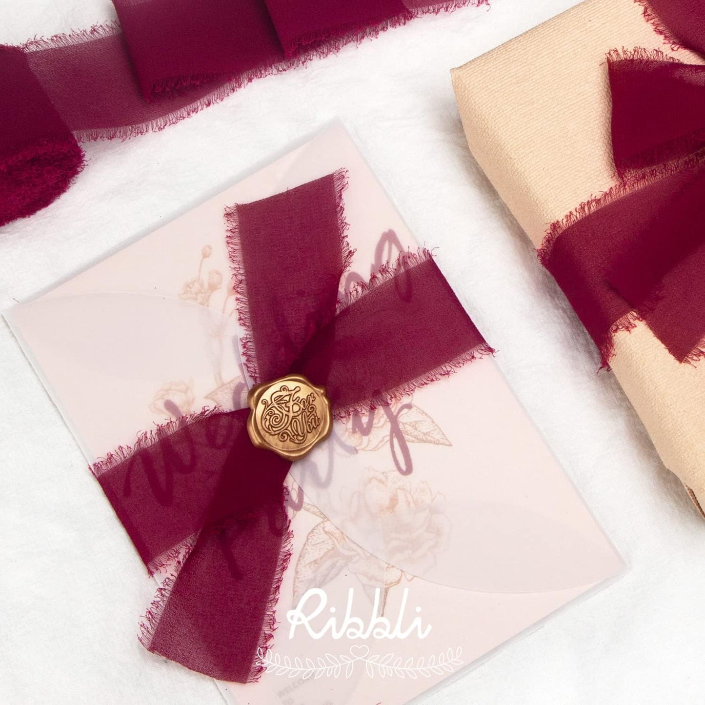 Ribbli Burgundy Chiffon Ribbon 1-1/2 inch x 20 Yard Handmade Fringe Chiffon Silk Ribbon,Black Ribbon for Wedding Invitations, Bridal Bouquets Wrapping, Flower Arrangement Decoration