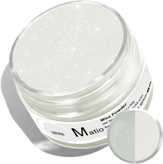 Matio White Mica Powder for Epoxy Resin, 1.8oz/ 50g Pearlescent Effect Mica Powder Natural Color Pigment for Soap Making, Bath Bomb, Candle Dye, Resin Craft, Paint, Nails Art, Jewelry, Slime Pigment