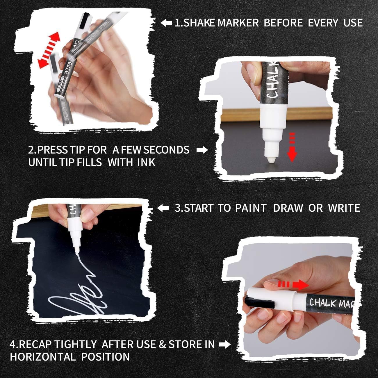 GAINWELL White Liquid Chalk Markers Erasable 4-Pack, Reversible Tip (3mm/6mm/10mm/15mm), Erasable Chalk Pens for Blackboard, Window, Glass, Chalkboard, Bistro, Loved by Teachers, Artists, Businesses