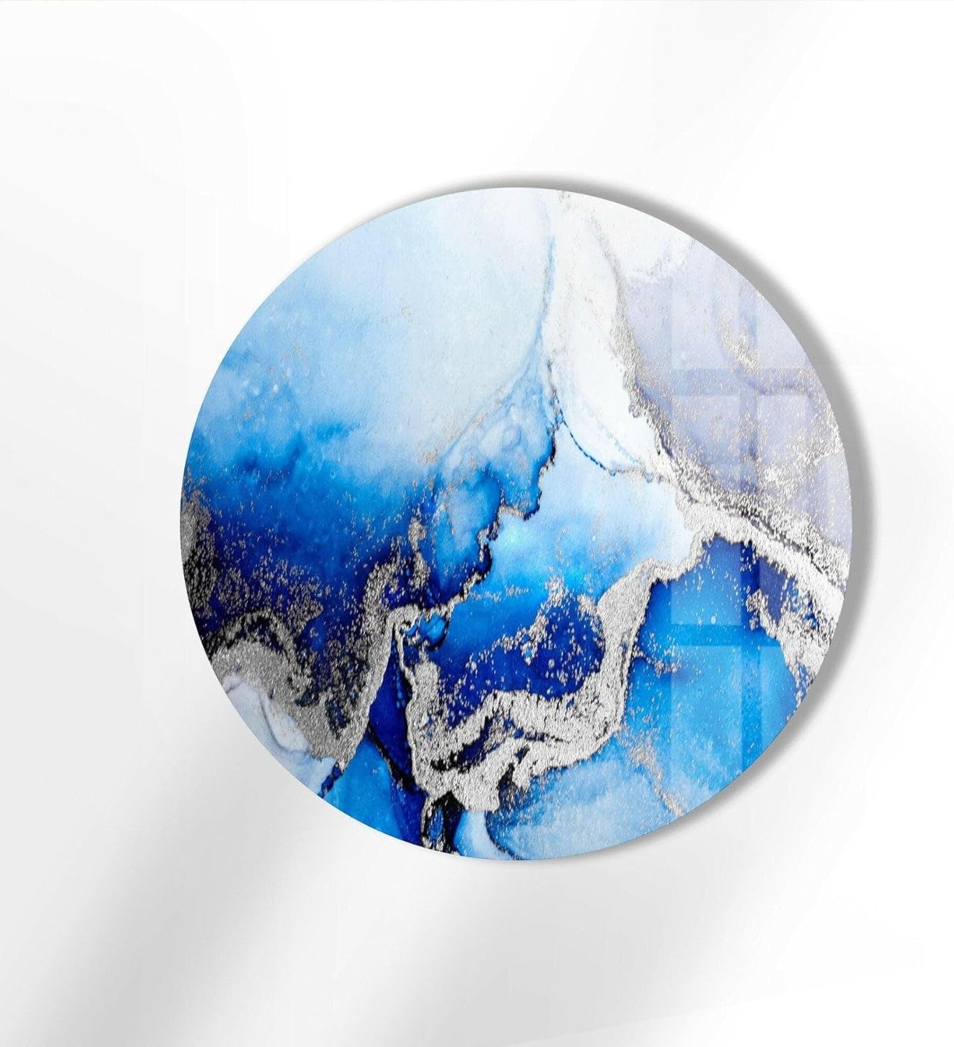 My Photostation.com 15.8''(40cm) Diameter Blue Marble Round with Silver Details Glass Wall Art Tempered Glass Printing Wall Decor Large Wall Art Wall Hangings
