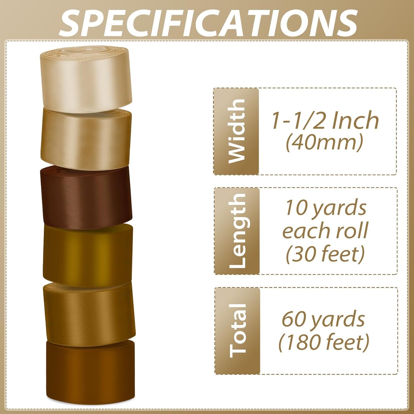 1-1/2 Inch Brown Satin Ribbons for Crafts, 6 Rolls Single-Faced Brown Assorted Ribbons for Gift Wrapping Flower Bouquet Wedding Invitations Bridal Shower Hair Bows Garland Party Decor