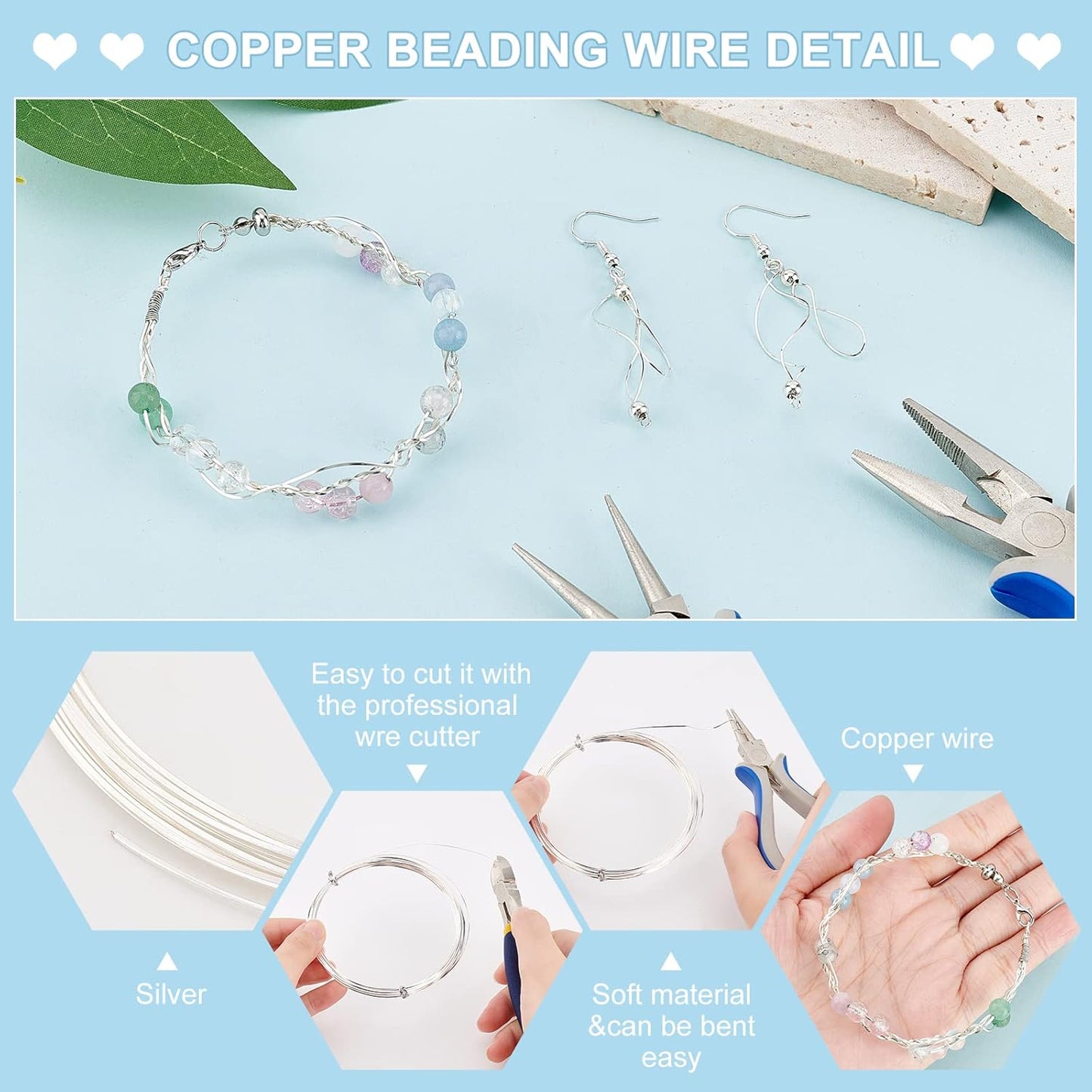 BENECREAT 23 Gauge 16 Feet Silver Square Copper Wire, Bendable Metal Craft Wire for Necklace Bracelet Making and Handmade Project