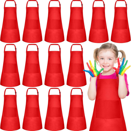 PLULON 6 Pcs Aprons for Kids Adjustable Kids Red Apron Bulk with Pocket Painting Aprons For Boys Girls Painting Cooking Baking (Red)
