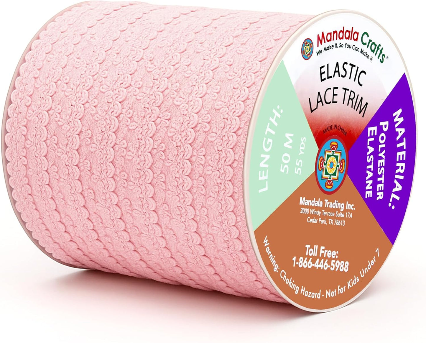 Mandala Crafts Blush Stretch Lace Soft Elastic Trim Roll - 55 Yards 1 Inch Wide Stretchy Frilly Picot Ribbon for Sewing Lingerie, Headbands, Underwear, and Crafts
