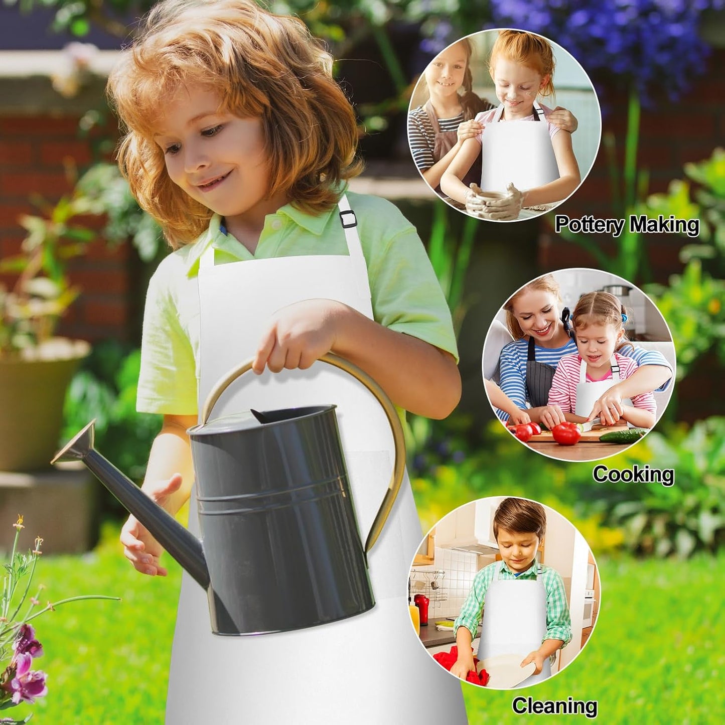 PLULON 18 Pcs Kids Apron Bulk Adjustable White Chef Apron with 2 Pockets Painting Aprons for Kids Cooking Baking Crafts (White)
