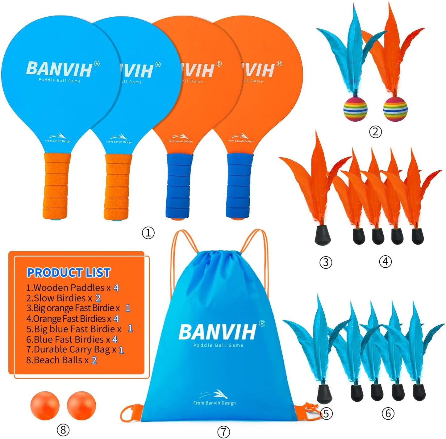 Banvih Badminton Set 4 Rackets, Paddle Ball Outdoor Games Christmas Stocking Stuffers for Kids Teens Adults and Family, Sports Beach Toys - for Yard, Lawn, Camping Games Essentials