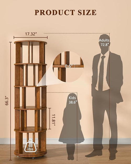 5-Tier Solid Wood Rotating Bookshelf on Wheels, 360° Spinning Book Shelf Tower - Image 2
