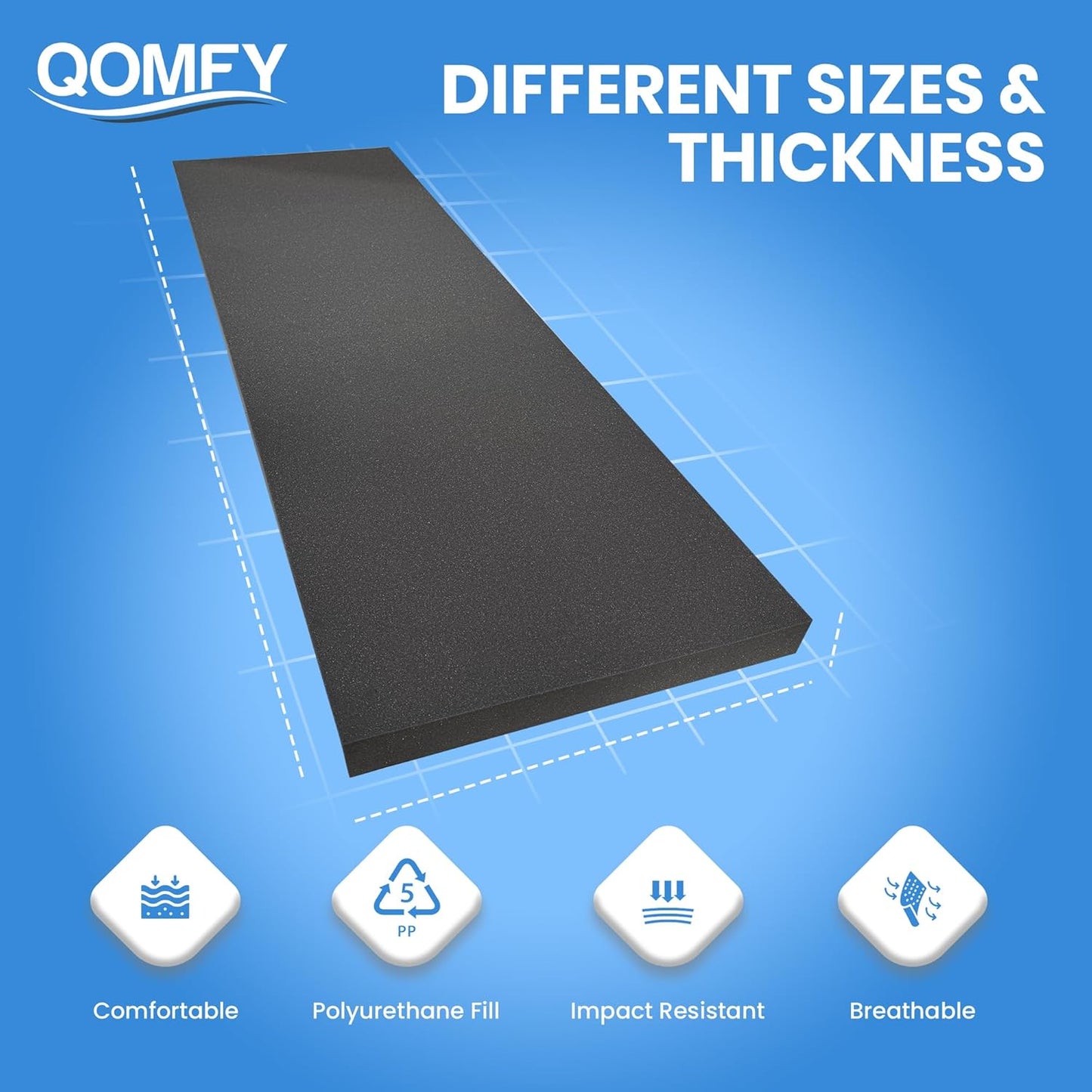QOMFY 2" Height x 18" Width x 42" Length Charcoal Upholstery Foam Sheet | Made in USA | Multi-Purpose Foam for Upholstery, DIY, Packaging & Acoustic Projects