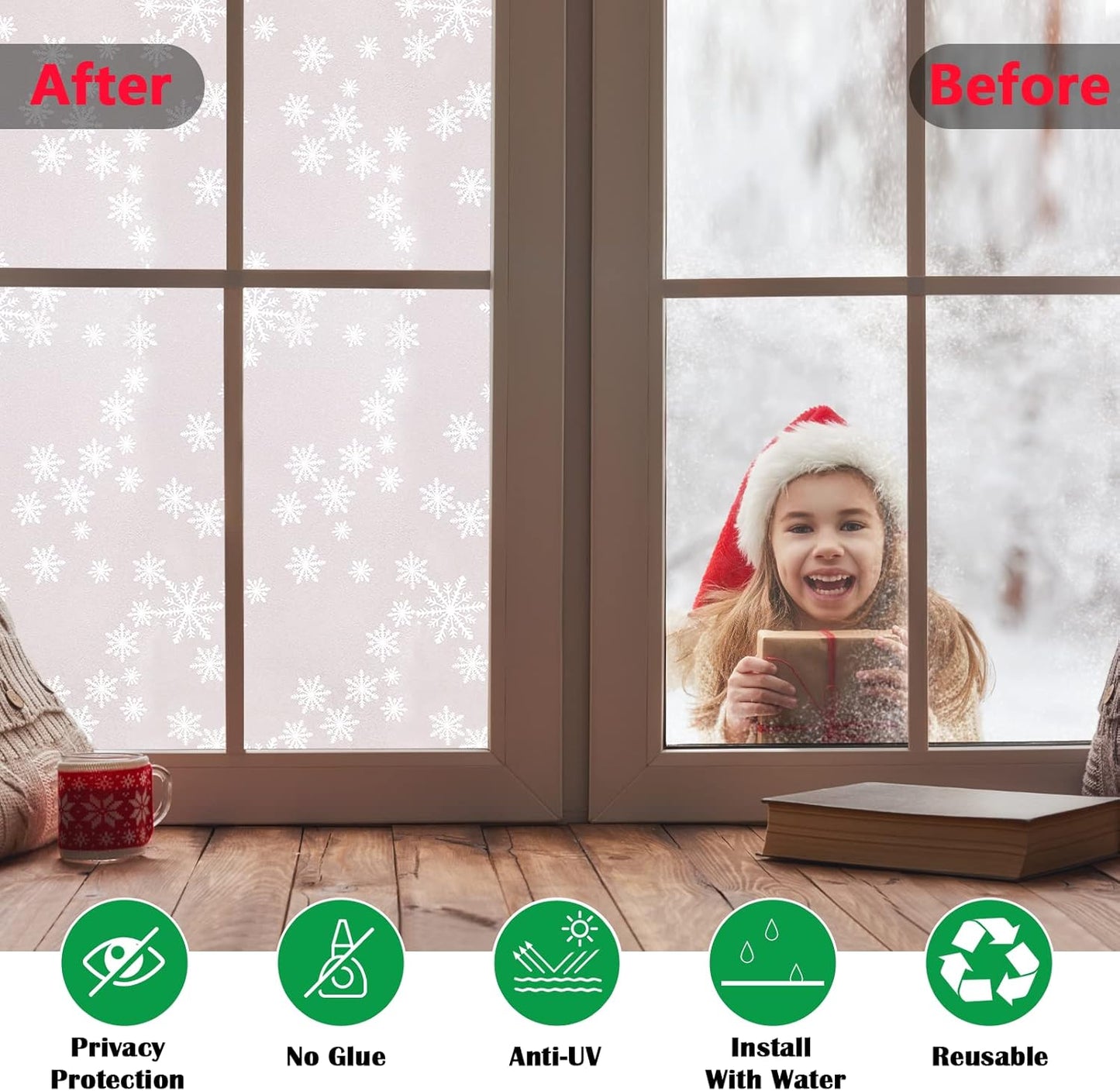 Niviy Privacy Window Film Christmas Decorations Snowflakes Window Clings Decals Stickers Non Adhesive Frosted Glass Film Heat Control 17.7” x 118”