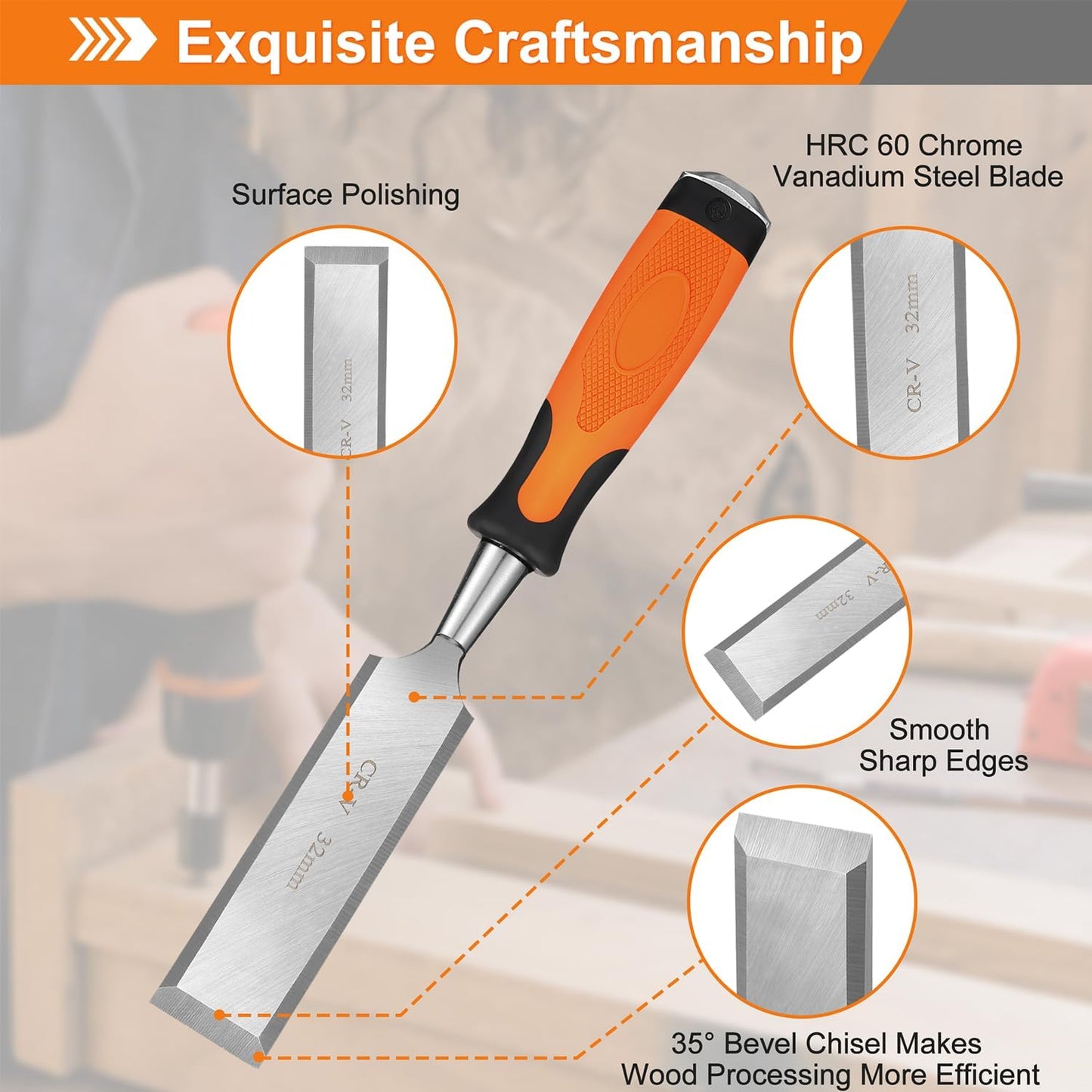 KINGBRO 6 Pcs Wood Chisel Sets, Wood Chisels for Carbon Steel Woodworking with Steel Hammer End, Durable PP+TPR High Impact Handle Wood Chisel, 6/12/19/25/32/38mm