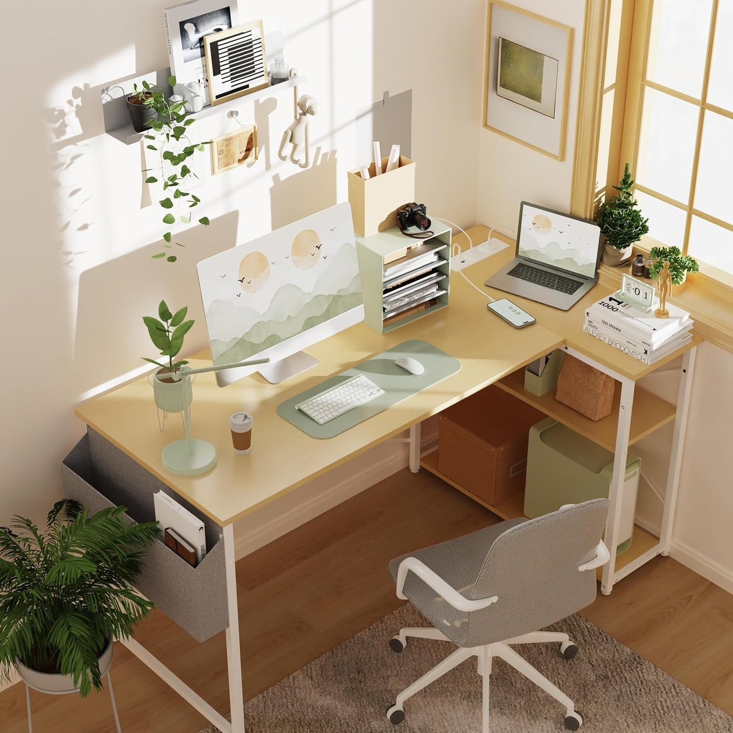 TIQLAB L Shaped Computer Desk with Power Outlets, 55 Inch Small Corner Desk with Reversible Shelves, Gaming Desk Computer Table Study Writing Desk for Home Office Small Space, Beige