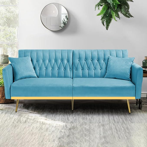70” Velvet Futon Sofa Bed with 2 Pillows and Adjustable Armrests, Convertible - Image 2