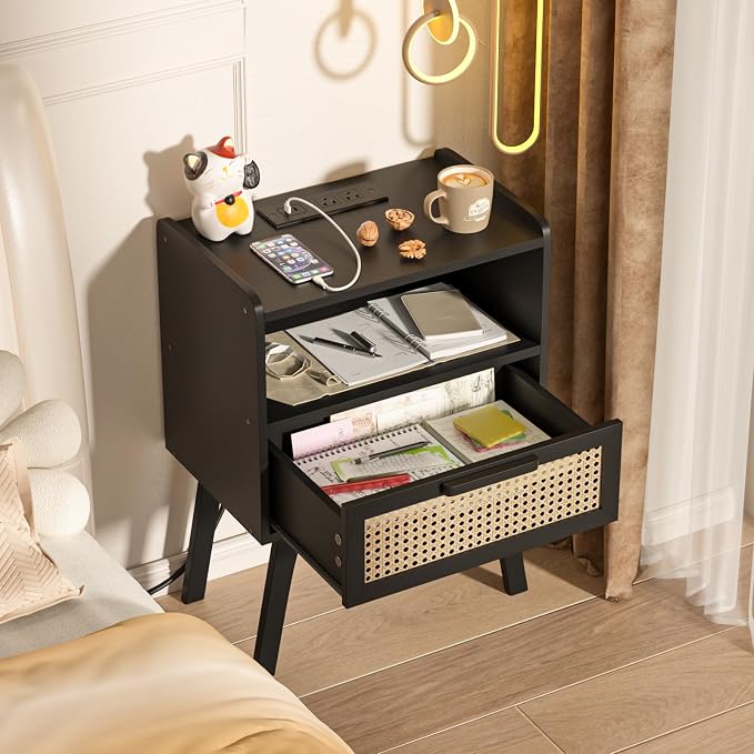 Lerliuo Rattan Nightstand with Charging Station, Cane Accent Side End Table - Image 2