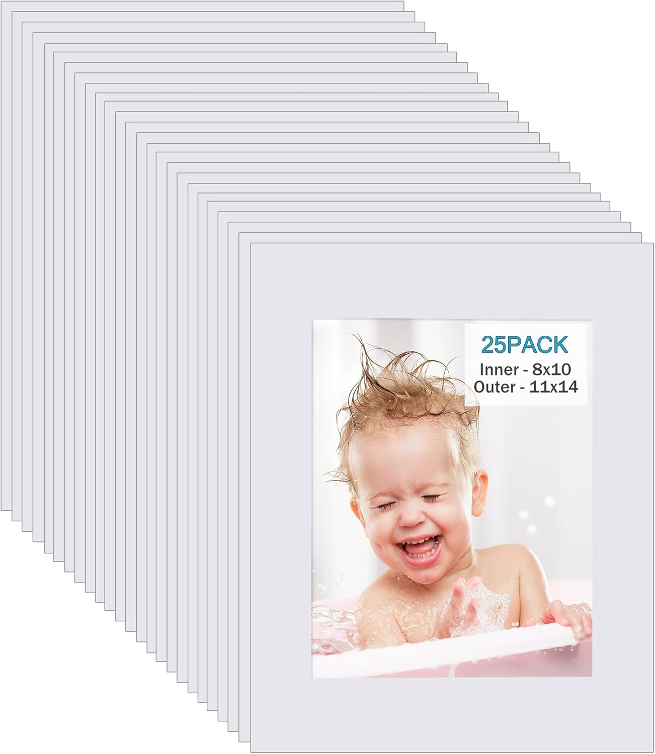 Egofine 11x14 White Picture Mats Pack of 25, Frame Mattes for 8x10 Pictures, Acid Free, 1.2mm Thickness, with Core Bevel Cut