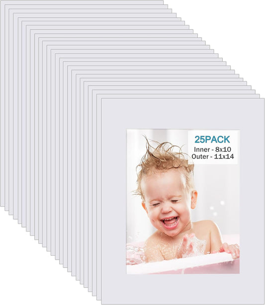 Egofine 11x14 White Picture Mats Pack of 25, Frame Mattes for 8x10 Pictures, Acid Free, 1.2mm Thickness, with Core Bevel Cut