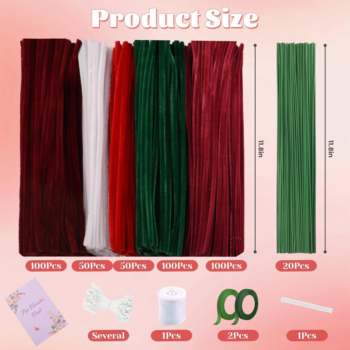 LansinLife 400 Pcs Pipe Cleaners Craft Set, 5 Assorted Red Pipe Cleaners Bulk, Chenille Stems for DIY Flower Making Kit with Floral Stems, Gardening Tape, Stamen, Ribbon for DIY Bouquet Gift (Red)
