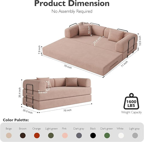 79in Convertible Sofa Bed, Corduroy Boneless Couch Bed, Futon Sleeper Sofa Pull - Image 2