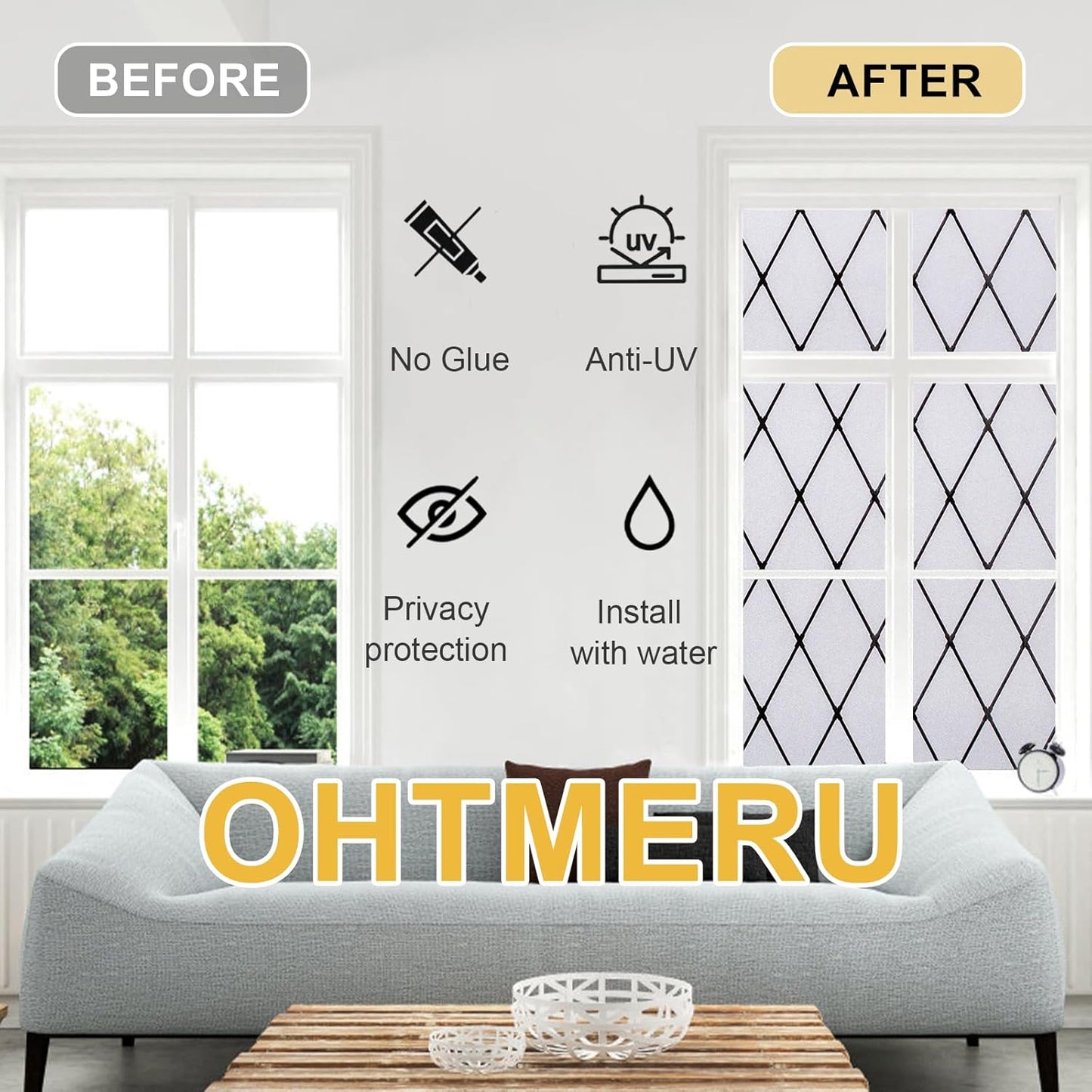 Window Privacy Film Decorative for Front Door, Bathroom Static Cling Stained Glass Sticker Opaque Heat Control UV Blocking Non-Adhesive for Home,Black Grid 35.4 x 78.7 inches