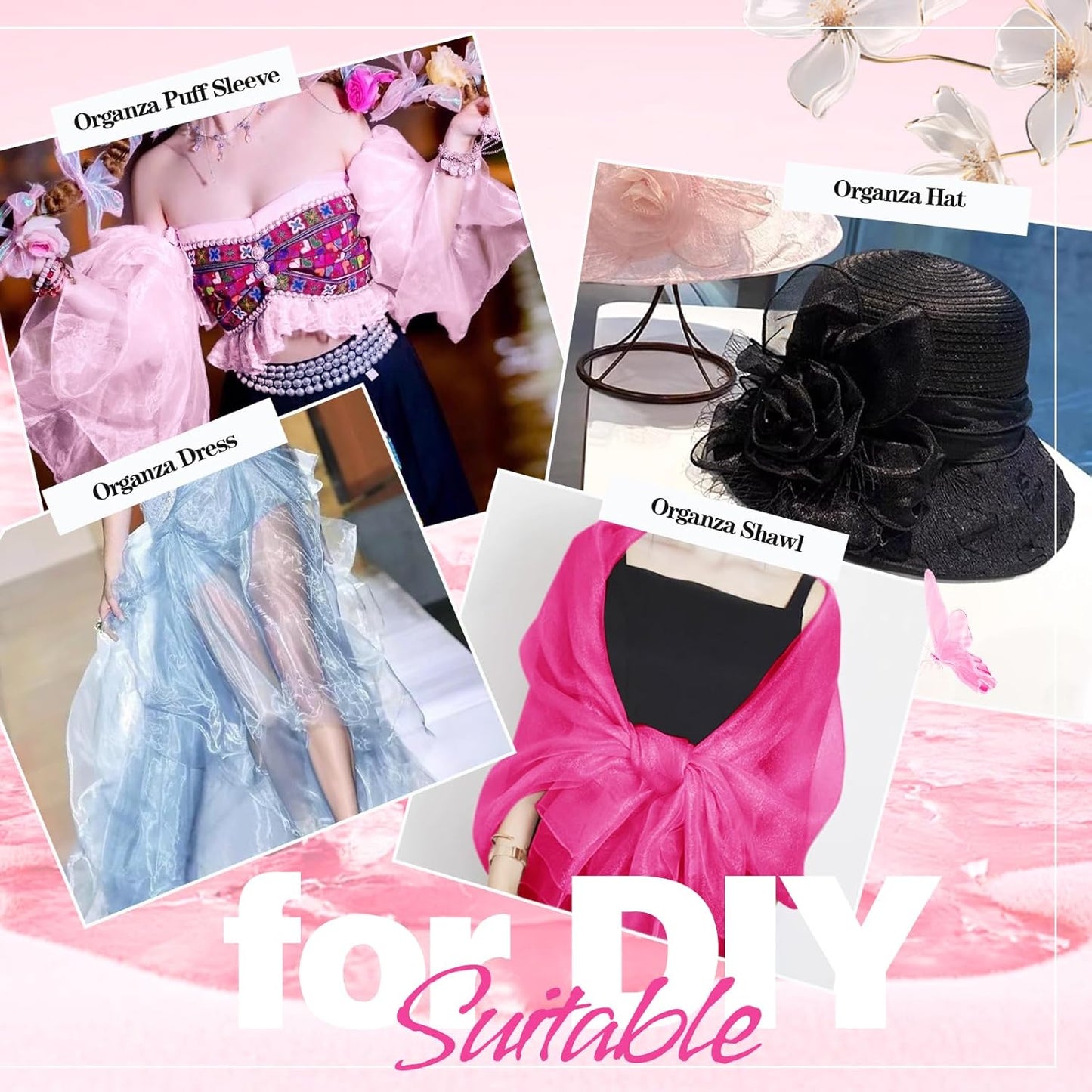 VACVELT Sheer Organza Fabric by The Yard, 60 Inch Wide Hot Pink Organza Fabric Bolt Bridal Sheer Tulle Fabric, Silk Organza Fabric Roll for Wedding Party Decorations Backdrop Curtain (2 Yards)